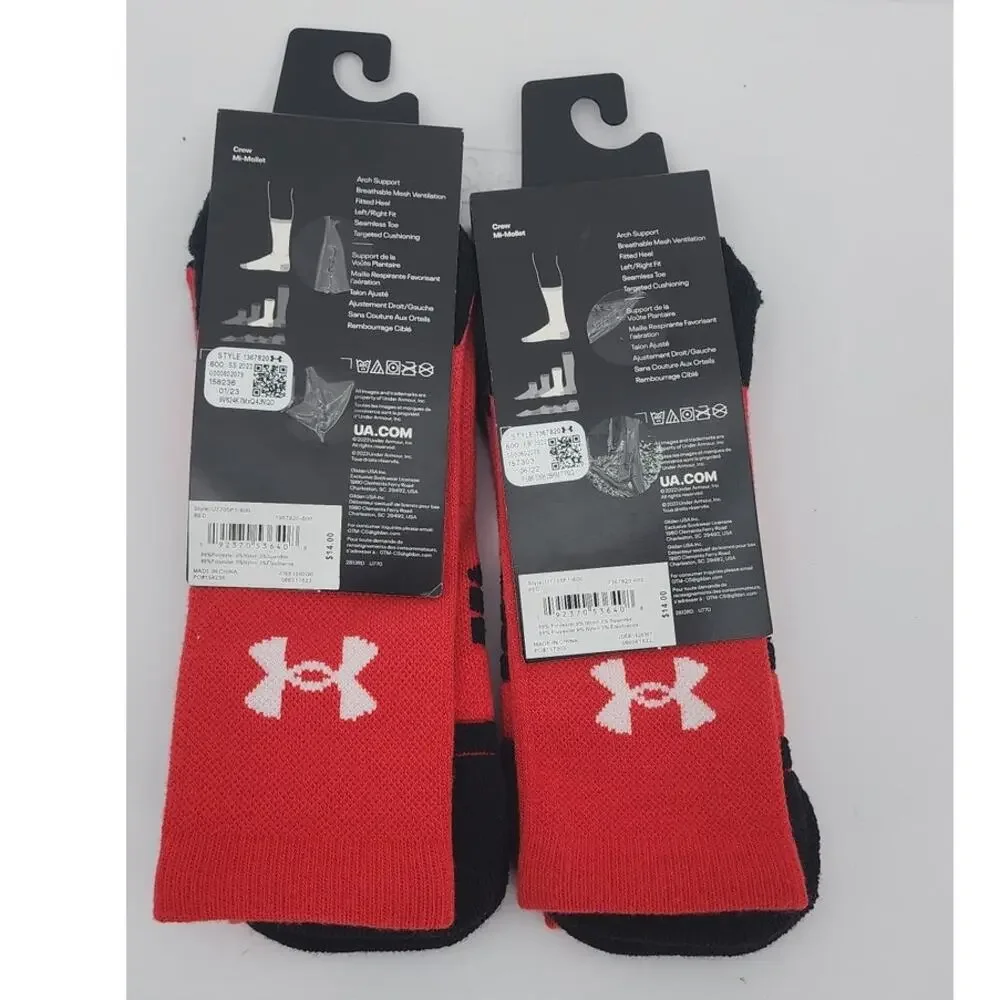 New NWT‎ Lot Of 2 UA Under Armour Teams Cushioned Crew Socks Black Red 8.5-13